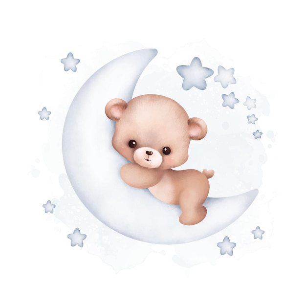 Watercolor Illustration Teddy Bear on the moon with stars