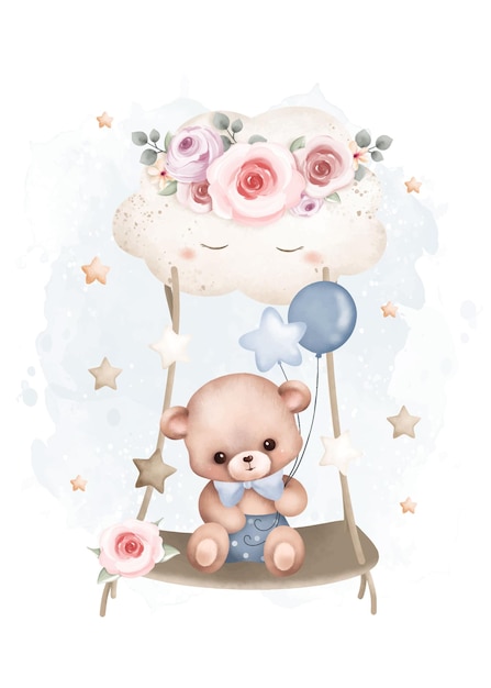 Watercolor illustration Teddy bear swings on cloud with stars