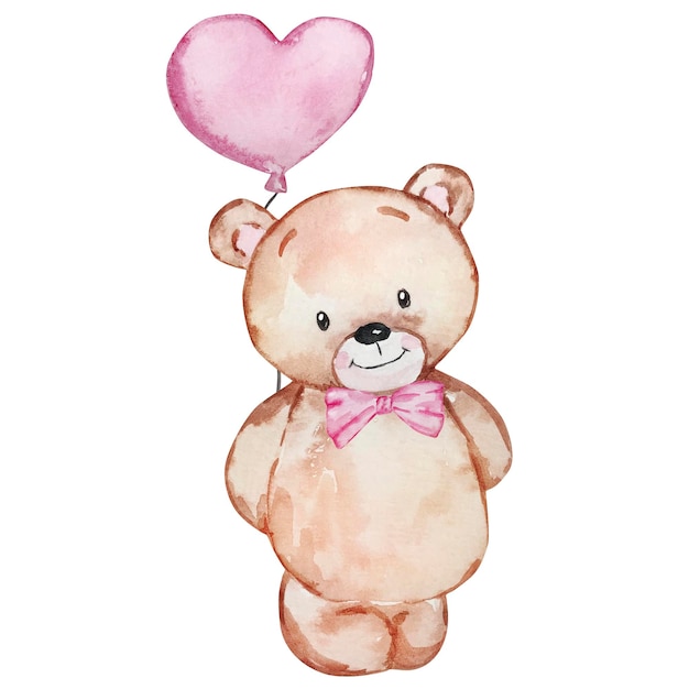 Watercolor illustration of Teddy Bear with balloon Valentine's Day