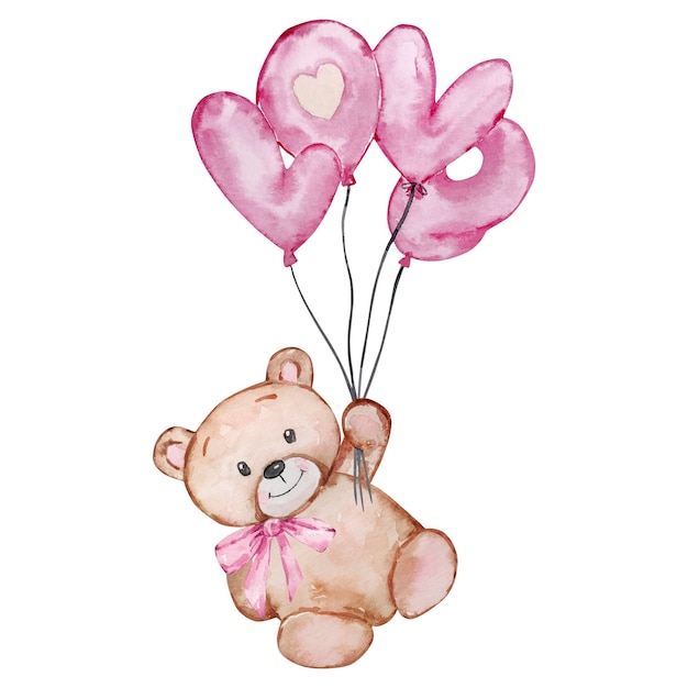 Акварельная иллюстрация плюшевого мишки с воздушными шарами на День святого Валентина