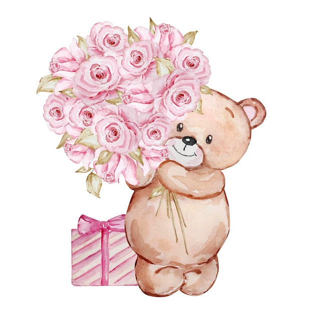 Watercolor illustration of Teddy Bear with a bouquet Valentine's Day