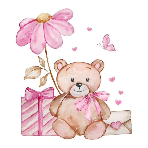 Watercolor illustration of Teddy Bear with a gift Valentine's Day