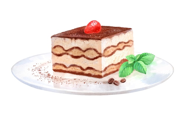 Watercolor illustration of Tiramisu dessert on plate