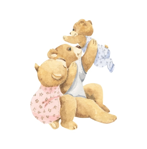 Акварельная иллюстрация двух медведей, играющих со своими мамами.