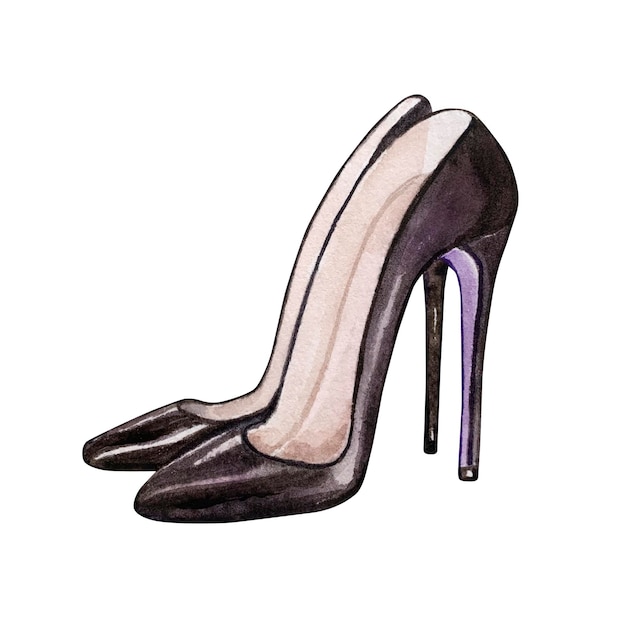 Акварельная иллюстрация День святого Валентина, черные женские туфли на каблуках