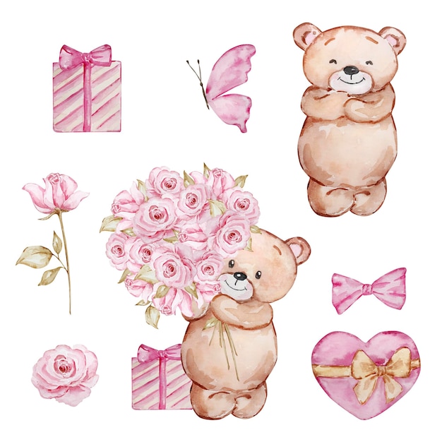 Watercolor illustration Valentine's Day cute Teddy bear