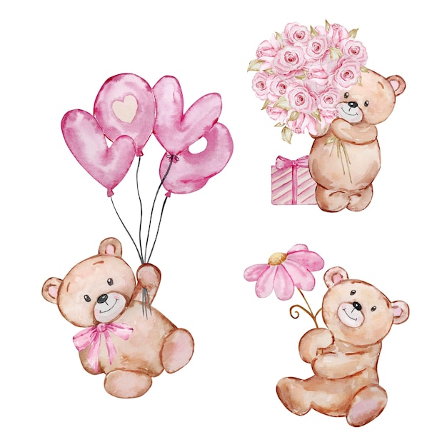 Watercolor illustration Valentine's Day cute Teddy bear