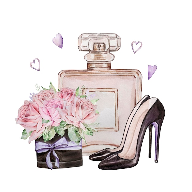 Watercolor illustration Valentine's day, perfume bottle, black women's shoes and a box of roses