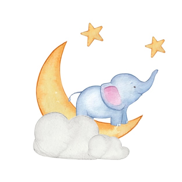 Watercolor illustration vector of graphic cute sleep elephant with cloud start and moon