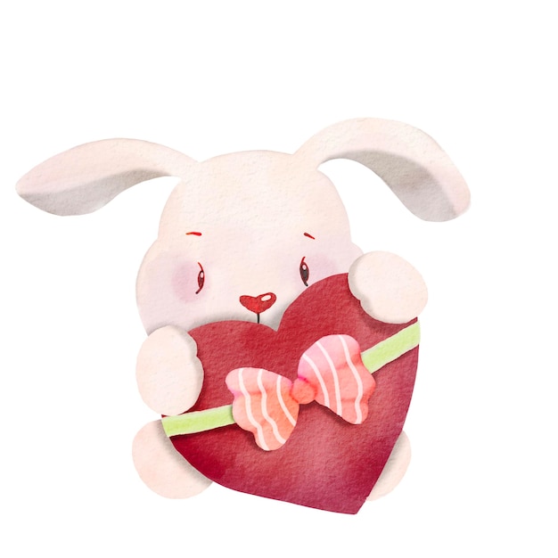 Watercolor illustration of very cute rabbit hugging heart hand drawing illustration