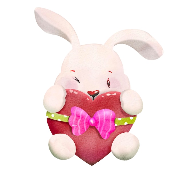 Акварельная иллюстрация очень милого кролика, обнимающего сердце Ручной рисунок иллюстрации