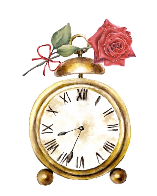 Vector watercolor illustration of vintage alarm clock and red rose