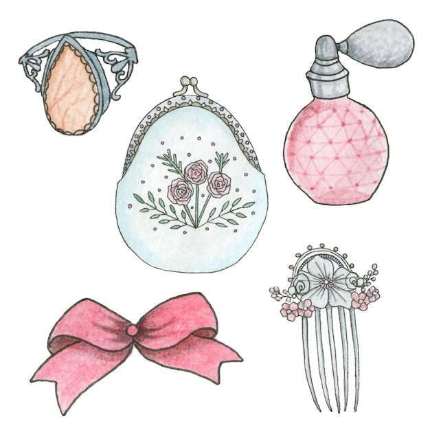 Watercolor illustration of vintage items Boho clipart