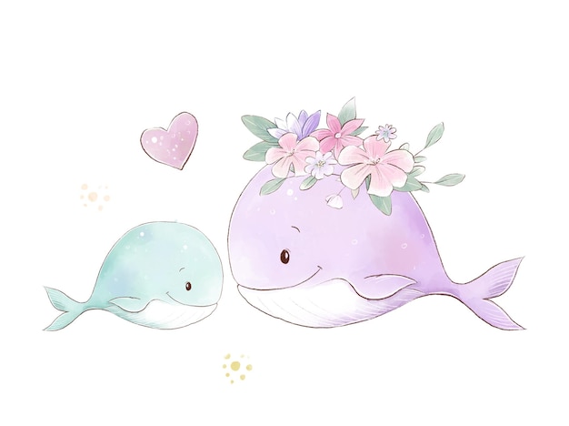 Watercolor illustration of whales mom and baby with delicate flowers