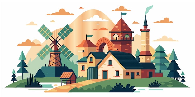 Vector a watercolor illustration of a windmill and a windmill