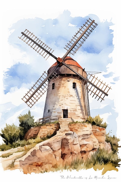 Vector watercolor illustration of the windmills of la mancha in spain