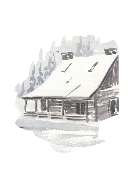 Watercolor illustration of a winter old wooden house in the forest