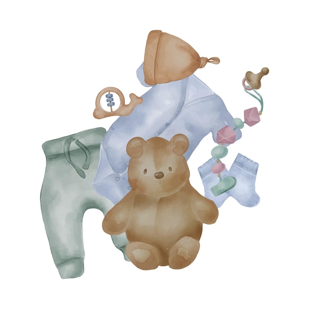 Watercolor illustration with baby clothes and toys isolated on white background Hand drawn boy bodysuit in neutral color Painted teddy bear beanbag Element for decorating a room newborn poster