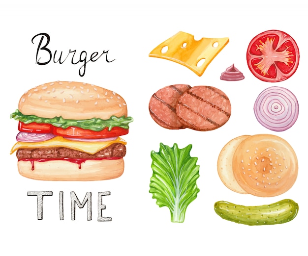 Watercolor illustration with burger and ingredients. Hand drawn art