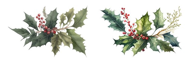 Вектор Акварельная иллюстрация с рождественскими элементами цветочный набор коллекция элементов событий сосновая ветвь ягоды
