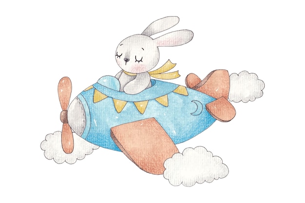 Watercolor illustration with cute bunny rabbit on an airplane