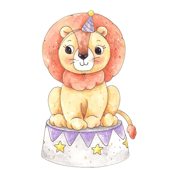 Watercolor illustration with a cute circus lion