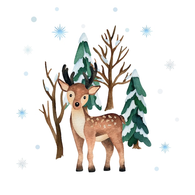 귀여운 사슴과 겨울 숲과 수채화 그림