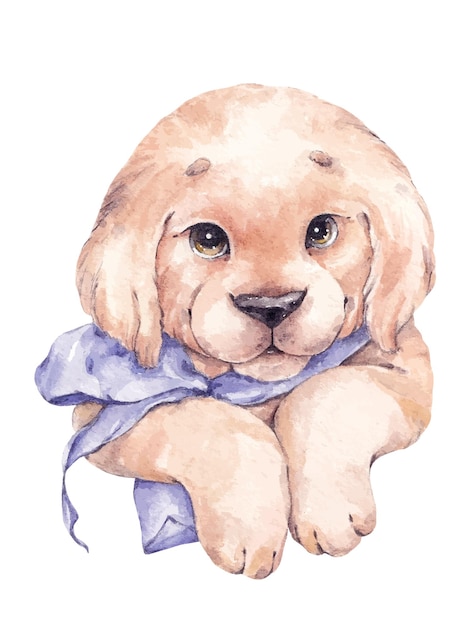 Vector watercolor illustration with cute labrador puppy and bow