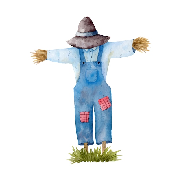 Vector watercolor illustration with garden scarecrow and green grass isolated on white background