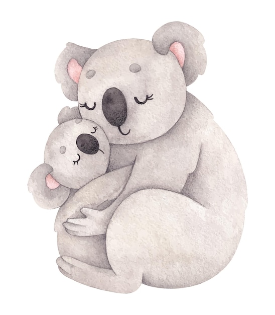 Watercolor illustration with koala mom and her baby