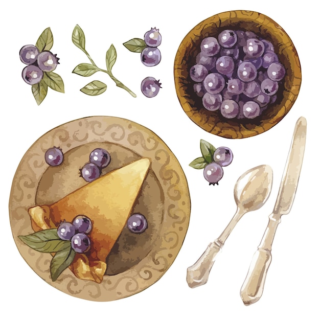 Illustrazione ad acquerello con pezzo di cucchiaio da torta di mirtilli e coltello isolati su sfondo bianco