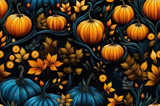 Vector watercolor illustration with pumpkins and sunflowers seamless watercolor pattern for design