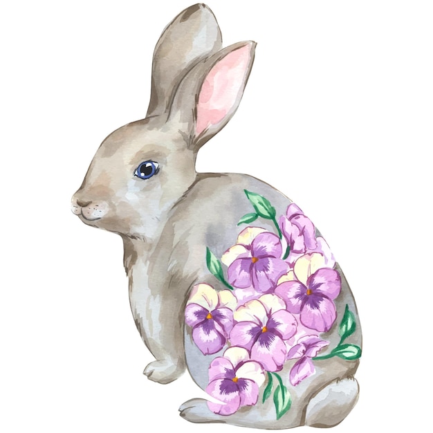 Watercolor illustration with rabbit and pansies