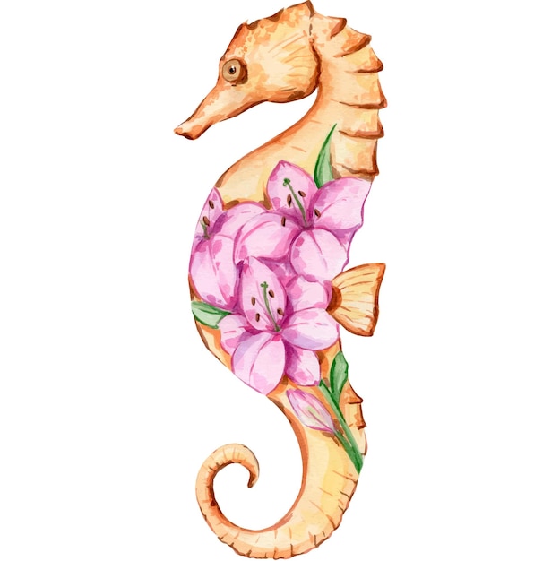 Vector watercolor illustration with seahorse and lilies