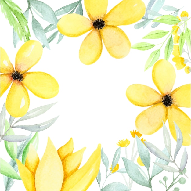 Vector watercolor illustration with yellow flowers and green leaves