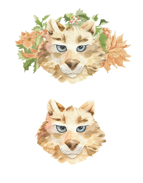 Watercolor illustration of a wolf's head framed by flowers and leaves