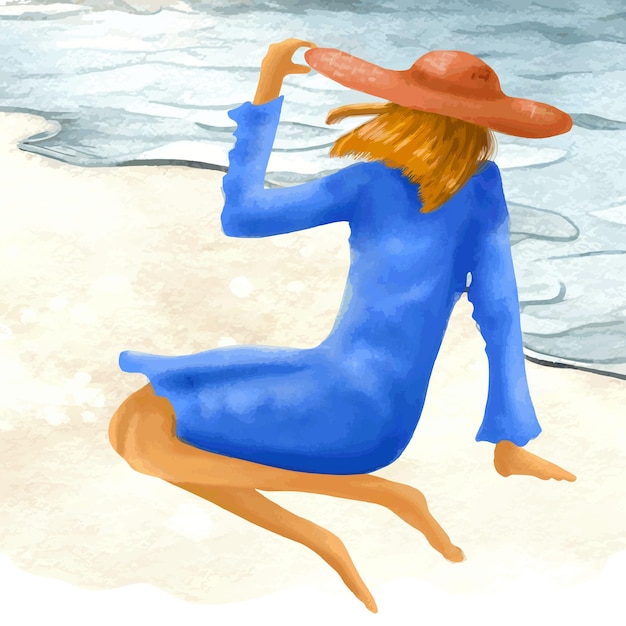 watercolor illustration of woman on the beach