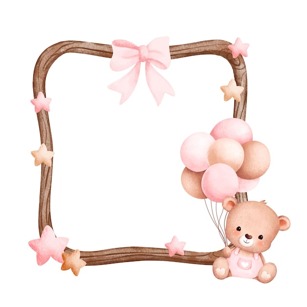 Watercolor illustration wooden frame with cute baby teddy bear and balloon