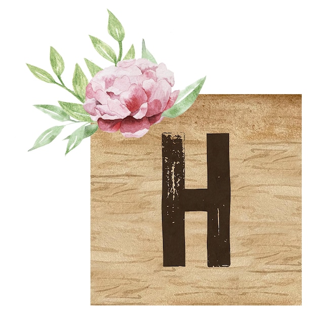 Watercolor illustration of wooden tile with capital letter H and flowers