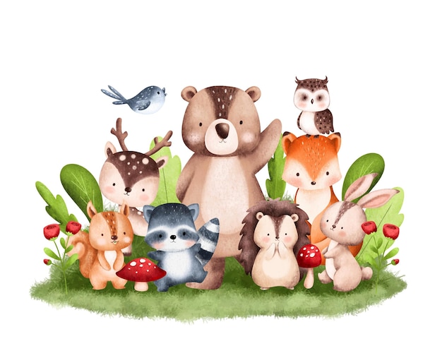 Vector watercolor illustration woodland animals illustration