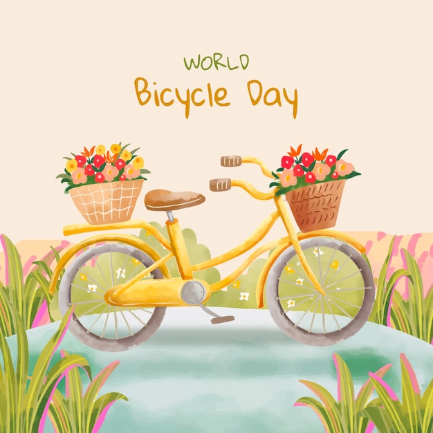 Watercolor illustration for world bicycle day celebration