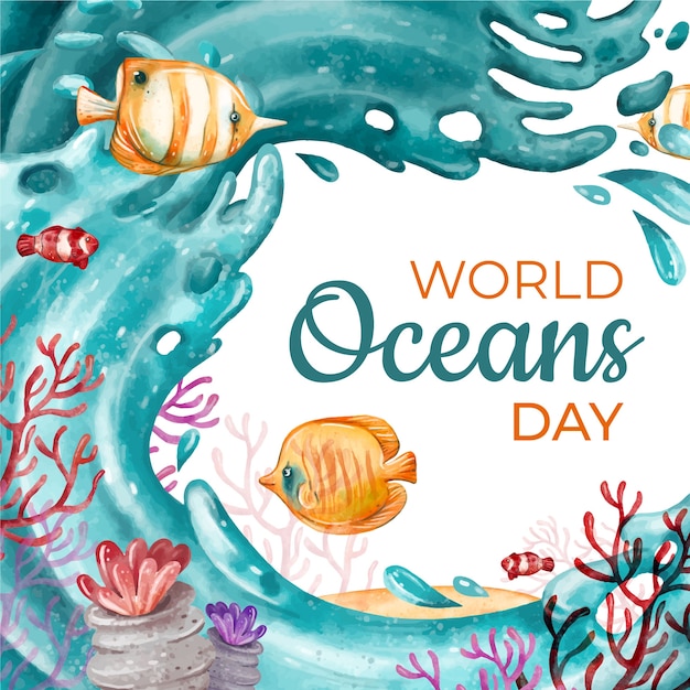 Vector watercolor illustration for world oceans day celebration