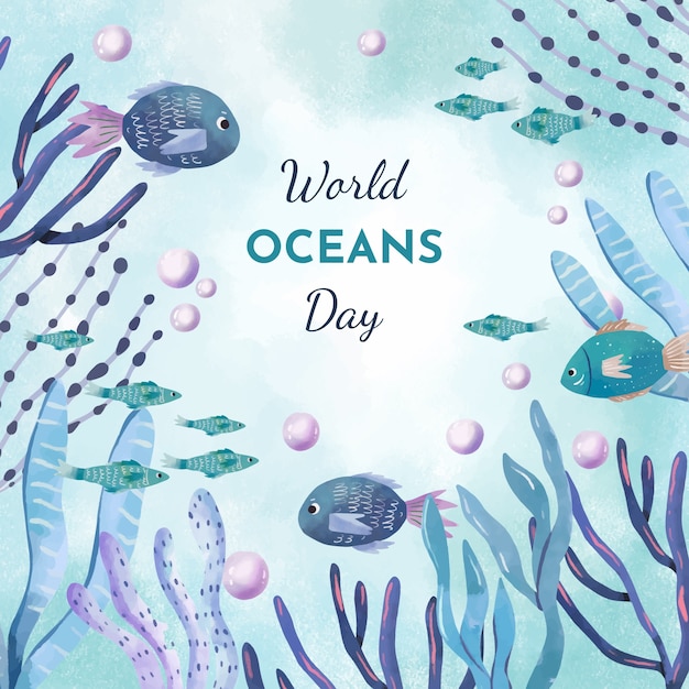 Акварельная иллюстрация к празднованию всемирного дня океанов