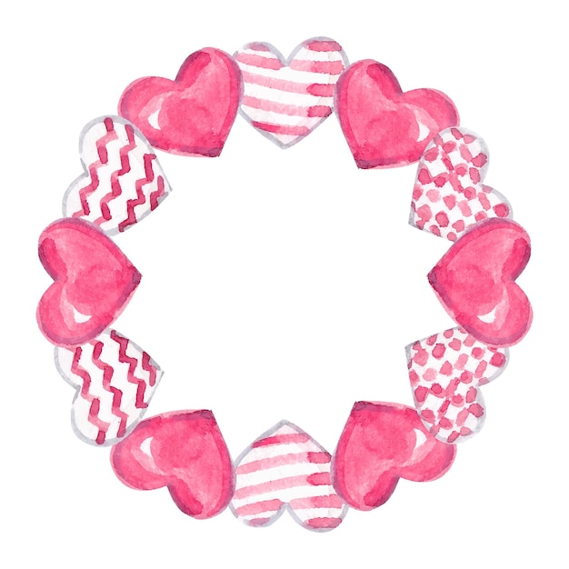 Watercolor illustration of a wreath of hearts