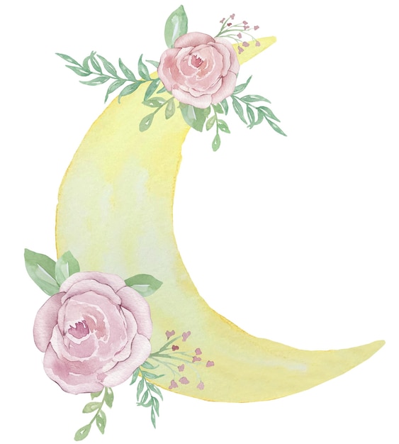 Watercolor illustration of yellow crescent with pink rose flowers and greenery floral crescent