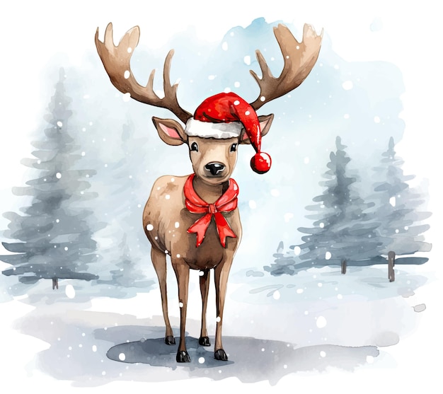 Vector watercolor illustration of a young deer with a scarf on a white background