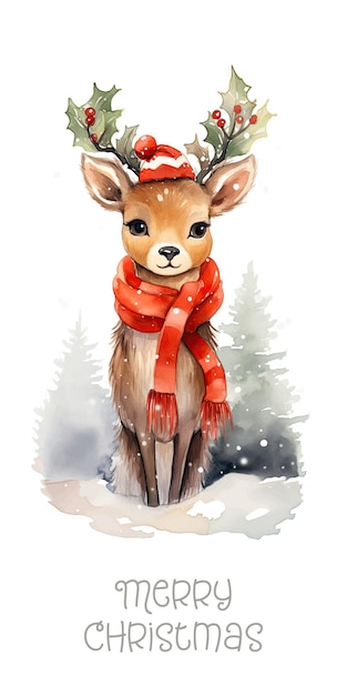 Watercolor illustration of a young deer with a scarf on a white background