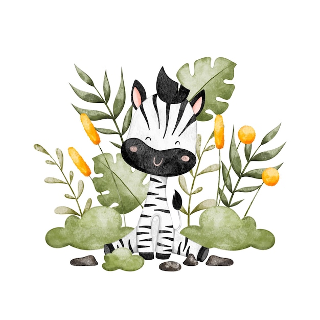 Watercolor Illustration zebra and tropical leaves