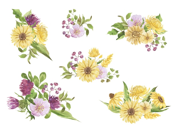 Watercolor illustrations of flower bouquets