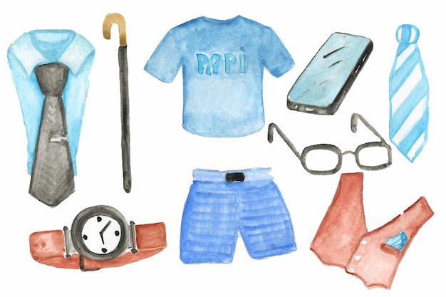 Watercolor illustrations of men's accessories and clothing